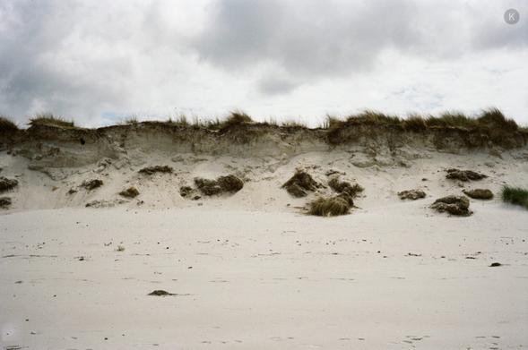 Sandy beach with low dunes topped by tufts of grass under a cloudy sky; scattered clumps of grass dot the pale sand.