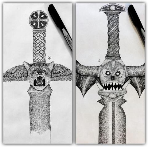 two hand drawn, stippled, pen and ink drawings of swords, one has a roaring lioness’s head on the cross bars, which are depicted as outstretched wings, the grip covered in braided leather and a crossed circle for a pommel. The other with a snarling Ork’s head and crossbars resembling upturned horns with bat wings attached, the grip covered in studded leather and a pearl embedded in the pommel.
