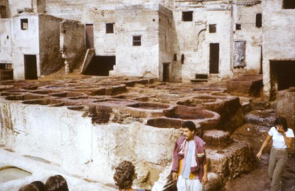 Im Mittelteil des Fotos sind gemauerte Färbebecken dicht an dicht. Die Außenwände sind weiß wie die dahinter zu sehenden Gebäude. Die Becken selbst sind rot-braun. Im Vordergrund erklärt ein Touristenführer einigen Touristen von denen lediglich die Köpfe von hinten sieht den Ort. Rechts geht ein Frau mit zugehaltener Nase vorbei.