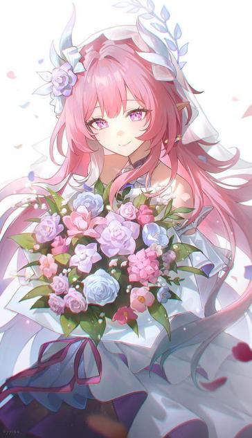 Una ilustración de una persona con cabello largo y rosa. La persona tiene los ojos morados y está sonriendo. Lleva un atuendo blanco y sostiene un gran ramo de flores rosas y azules. El cabello de la persona está adornado con más flores y está parcialmente cubierto por un pañuelo blanco. Un texto pequeño en la esquina inferior izquierda dice "[@]pp_99".

alt-text: Una ilustración de una persona con cabello largo y rosa y ojos morados, sonriendo. Lleva un atuendo blanco y sostiene un gran ramo de flores rosas y azules. El cabello de la persona está adornado con flores, y un pañuelo blanco parcialmente cubre su cabeza. Un pequeño texto en la esquina inferior izquierda dice "[@]pp_99".