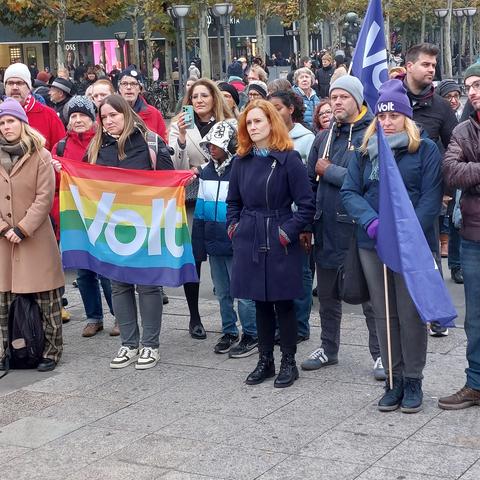 Demonstrant*innen an der Frankfurter Hauptwache