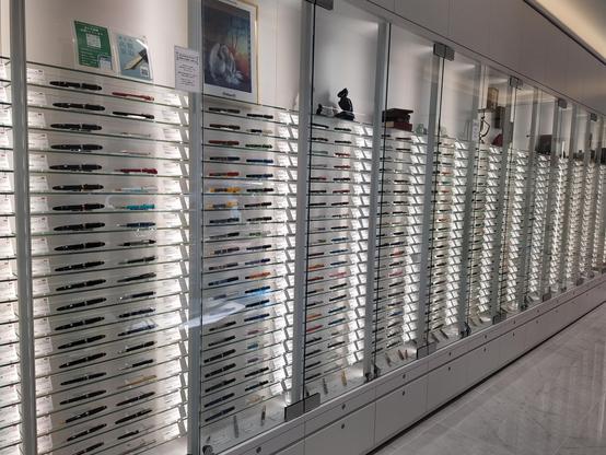 Hundreds of fountain pens on display at the shop Kingdom Note in Tokyo