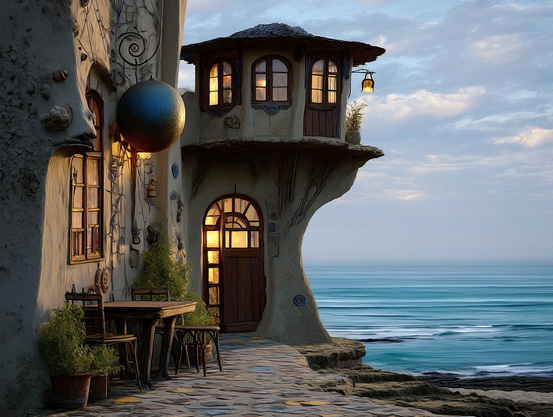 Whimsical seaside house with curved organic architecture, glowing windows, and lanterns, with a large lead-like sphere hanging over an empty patio table with two chairs, implying conversational danger.