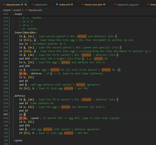 A bunch of assembly code lines. Each line is thoroughly commented so that I can understand each step. The code itself is full of weird acronyms and it looks like black magic, like "ld a, [bc]" or "cp a / jr nc, .defense"