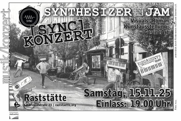 Ein überzeichnetes Foto vom Eingang der Raststätte, auf dem die Teilnehmenden des Konzertes auf der Strasse rumhopsen. Die Köpfe sind durch das jeweilige Gerät ersetzt.