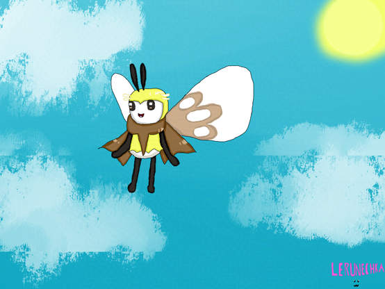 A drawing of a yellow butterfly with a white marking on its face, has white wings with light-brown markings on them, black head antennas/arms/legs and has a brown scarf. It's flying in the sky.
