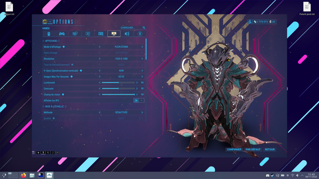Screenshot of my secondary screen where Warframe was supposed to be played fullscreen, but it's not, it's a centered frameless window that is only taking ~80% of the screen.