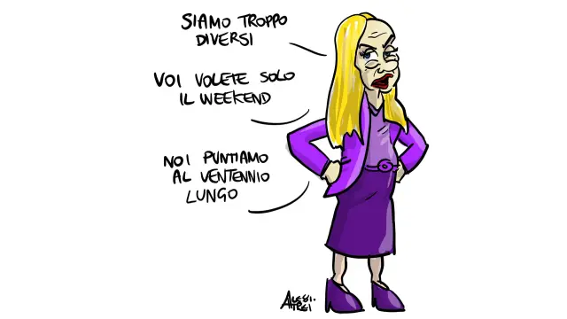 Nel disegno, un'indignata Giorgia Meloni ammette: "Siamo troppo diversi. Voi volete solo il weekend, noi puntiamo al ventennio lungo".