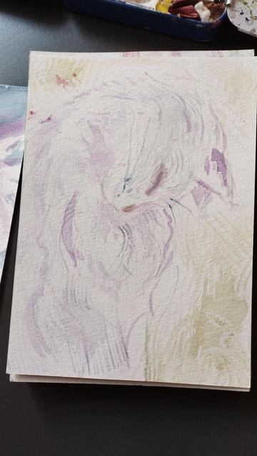 Aquarelle d'un chat à poils longs qui  dort debout