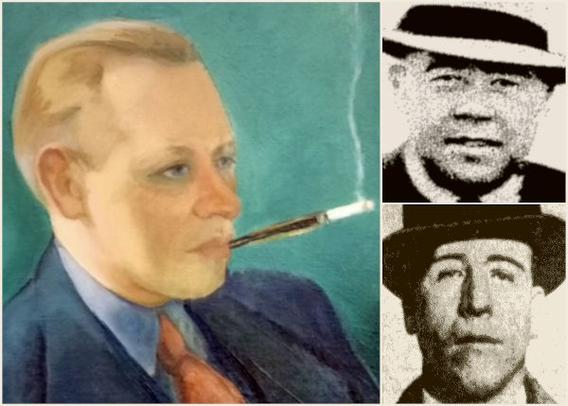 Image has three sections. Left section shows a painted portrait of a man in a blue suit, smoking a cigarette through a holder. Top right section shows a rough image of Rhode Island rum-runner Daniel Walsh. Bottom right section shows a rough image of Brooklyn rum-runner Charles "Vannie" Higgins.