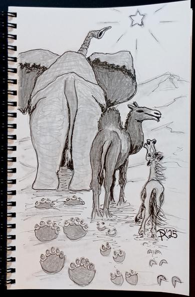 Bleistift-Zeichnung von drei Tieren von hinten: von links nach rechts ein Elefant, ein Kamel und ein Pferd. Der Elefant reckt seinen Rüssel empor und scheint auf den großen Stern zu zeigen, der rechts über der kleinen Gruppe prangt. Die Tiere laufen durch eine Wüste und hinterlassen ihre Spuren in Sand.
