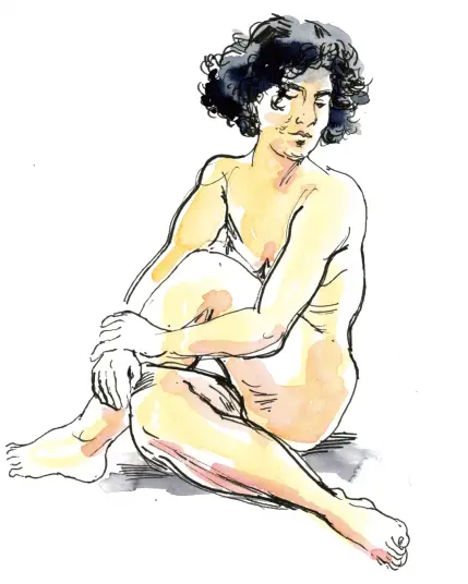 Dreiviertelpose einer auf dem Boden Sitzenden mit überkreuzten Beinen. Die Hände sind vor dem linken Schienbein übereinandergelegt. Die schwarzlockige Frau schaut mit niedergeschlagenen Augen zur Seite.