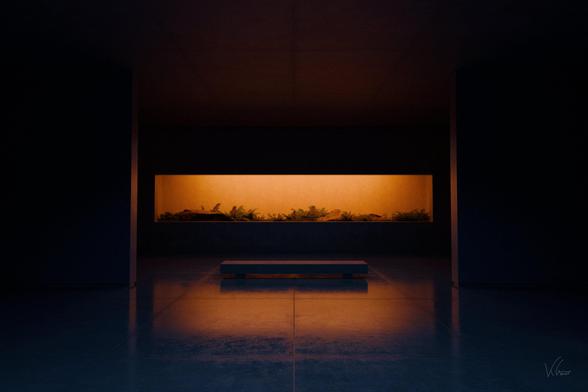 A dimly lit, minimalist room with a long, narrow planter box filled with green foliage glowing with warm orange light. In the foreground, a dark, low bench sits on a reflective floor, mirroring the light above.