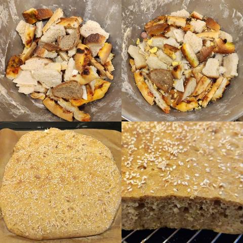 Bildkollage aus vier Bildern. Oben links: Brot- und Pizzarandreste in Brocken in Rührschüssel. Oben rechts: gleiche Schüssel, aber Reste in Wasser eingeweicht. Unten links: Brot von oben fotografiert. Unten rechts: Brot aufgeschnitten