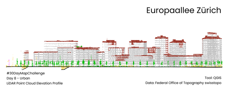 Colored Point Cloud showing buildings and trees in Zurich.