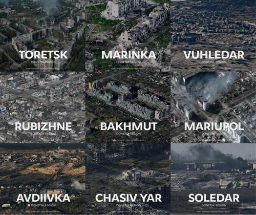 Photo collage, The obliteration of Ukrainian cities, called "liberated" by Russia, means destroyed to rubble.