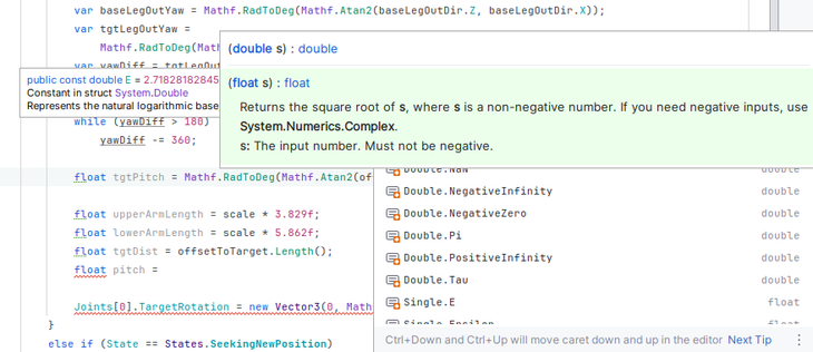 JetBrains Rider, with documentation and code completion popups completely obscuring the code being written.