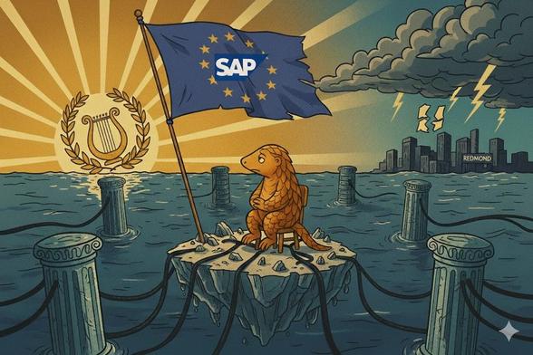Der Pandolin steht auf einer Insel aus Serverracks unter einer zerrissenen EU-Flagge mit SAP-Logo während im Hintergrund ein blauer Himmel in Microsoft-Form verblasst – Symbol für Europas digitalen Zwiespalt zwischen Licht und Abhängigkeit.