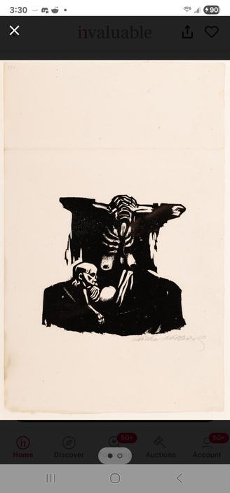 A dramatic lithograph showing a grieving starving mother with a skeletal baby on her lap. She sits Cross legged, breasts visible as if no milk to feed her child. Her hands cover her eyes. Rendered in a German expressionistic manner.