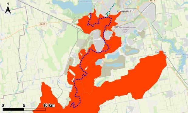 The effective catchment area of the Inhulets River looks within the study region