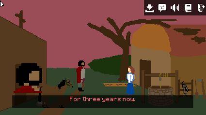Pixel art screenshot of a man in a red cape speaking a line of dialogue to a girl in a white blouse and blue dress, outside a village church. Text is "For three years."