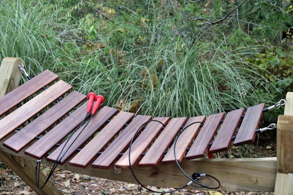 A cable connected group of finished wooden pieces of decreasing lengths attached to green wood support base with red sticks attached to black plastic cords lying atop it that are used to strike the pieces of finished wood to make music. A black bicycle lock is strung between the finished wood pieces and around the green wood supports as a theft  prevention measure. Green long grasses are in the background.