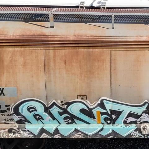 Train car with graffiti rolling through Kamloops BC Canada