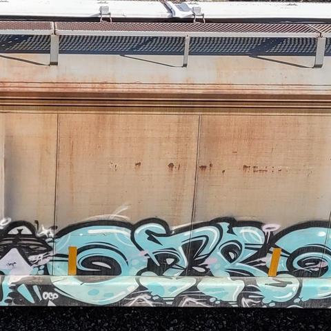 Train car with graffiti rolling through Kamloops BC Canada