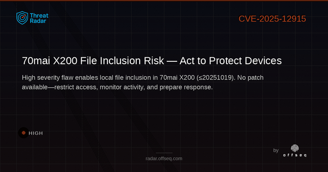 High threat: CVE-2025-12915: File Inclusion in 70mai X200