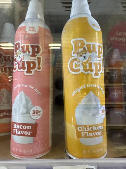 One can of Bacon flavor whipped cream and one can of chicken flavor whipped cream, I found at PetSmart.