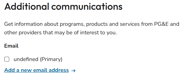 Screenshot of a web page titled "Additional communications" and allow configuration notification preferences.
It allows users to select which pre-configured email to receive notifications with. Only one is listed and labeled "undefined (Primary)"