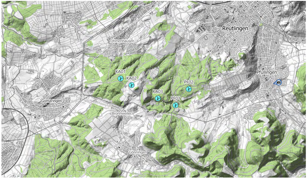 Eine Landkarte der Region Reutlinge/Pfullingen mit insgesamt fünf markierten Standorten für Windkraftanlagen