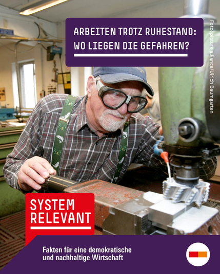 Text: Arbeiten trotz Ruhestand: Wo liegen die Gefahren? Bild: Ein älterer Mitarbeiter steht an der Werkbank in der Metallindustrie.