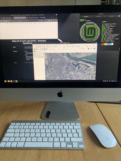 Apple Imac Model A1418 running Linux Mint with QGIS, Firefox and Terminal open.