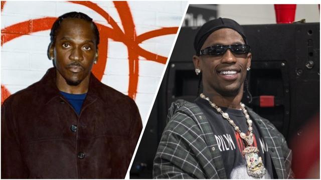 Side-by-side photo of rappers Pusha T and Travis Scott, with Pusha T wearing a dark jacket in front of a white wall with red graffiti, and Travis Scott smiling in a plaid shirt and large chain necklace.