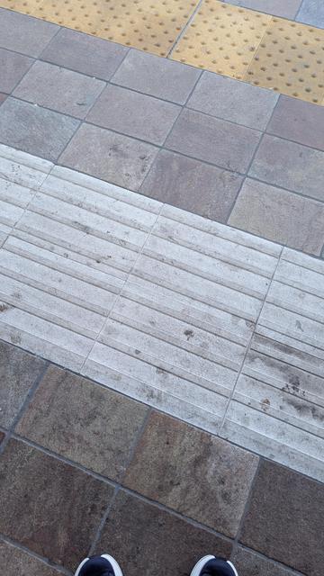A stone tile raiway platform floor. A white strip intersects