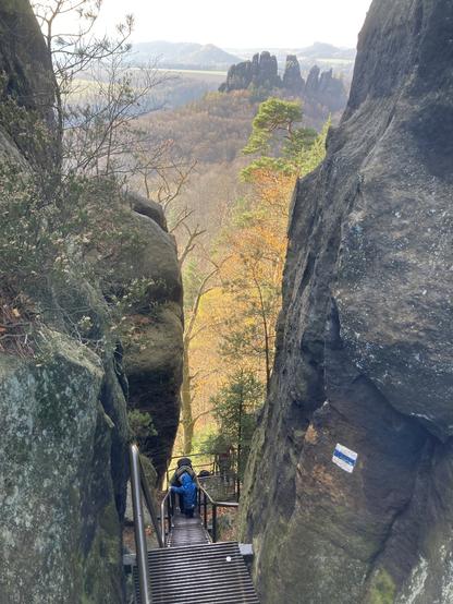 Žebřík mezi skalními věžemi, v pozadí žluté listí na stromech
