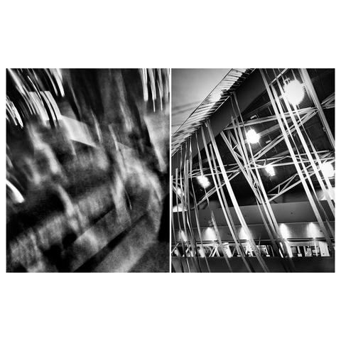 A diptych in black and white: the left photo features blurred abstract shapes, while the right photo showcases a modern architectural interior with beams and strips of white fabric.
