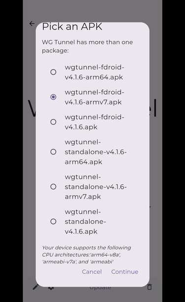 Скриншот Obtainium. Для очередного обновления предлагает выбрать архитектуру пакета.