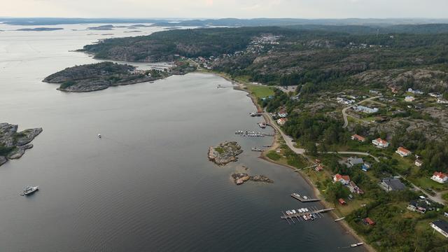 Drone picture with view over coast and village near Strömstad