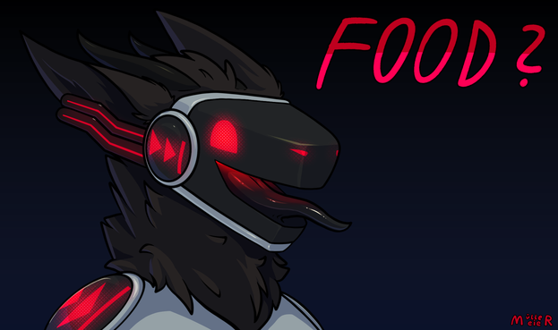 digital drawing of a black and red protogen asking for food