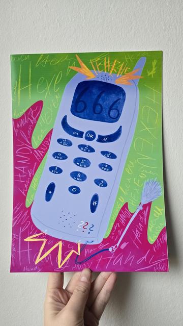 An A4 test print I was holding up on the wall. The design is an old phone with an antenna. The name is "the witches phone". On the green part "Hexen" (witches) is written and on the purple "Handy" (phone). There is a broom charm hanging from its side. The yellow lines on the bottom signalise an electro shock. The upper one is representing the jingle that plays when the person is being called. There is a phone and a witch on the broom hidden in the text.