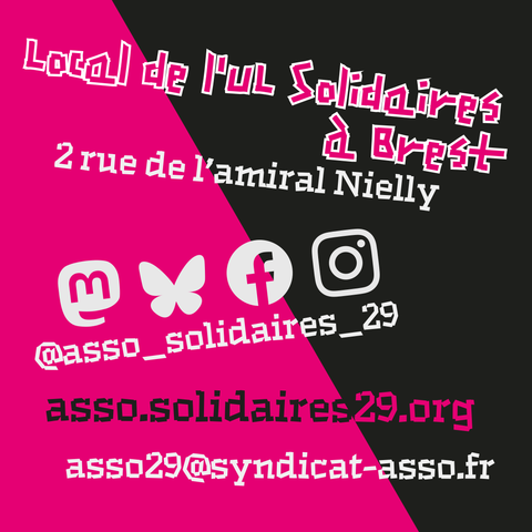 Local de l'UL Solidaires à Brest. Réseaux sociaux @asso_solidaires_29

asso.solidaires29.org

asso29@syndicat-asso.fr