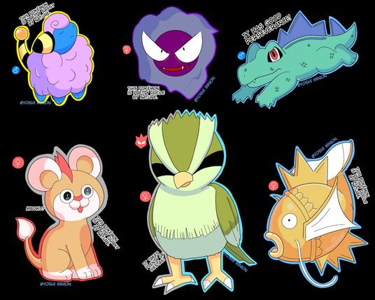 A collection of Shiny Pokemon. From top left to right: Mareep, Gastly, Totodile, Litleo, Alpha Pidgey and Magikarp. There's various text next to each Pokemon.

Mareep: This Pokemon is pretty sassy by nature.
Gastly: This Pokemon is pretty docile by nature.
Totodile: It has good perseverance!
Litleo: This Pokemon is pretty quirky by nature.
Pidgey: It takes plenty of siestas!
Magikarp: This Pokemon is pretty docile by nature.