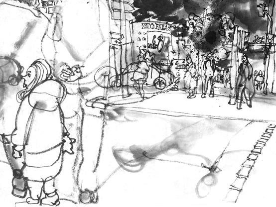 Ausschnitt der im letzten Bild beschriebenen Tuschezeichnung - an der Fußgängerampel wartende Passanten - mehrere Erwachsene und ein Mädchen im Vorschulalter.