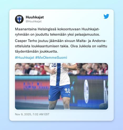 Maanantaina Helsingissä kokoontuvaan Huuhkajat-ryhmään on jouduttu tekemään yksi pelaajamuutos.

Casper Terho joutuu jäämään sivuun Malta- ja Andorra-otteluista loukkaantumisen takia. Oiva Jukkola on valittu täydentämään joukkuetta.

#Huuhkajat #MeOlemmeSuomi https://t.co/fd6nq6Op8s