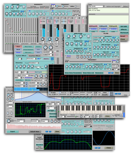 🕶️ A view of its multiple UIs with tons of settings, a virtual keyboard and several frequency curves.

📚️ Yoshimi is a libre powerful real-time polyphonic synthesizer for Linux (only), and a fork of ZynAddSubFX v.2.4.0 (multi-platform), to improve its JACK support. Their capabilities are broadly identical, but they differ significantly in terms of control and interface (customizable and size-adjustable, with saved window dimensions). It features an undo/redo function for its modifiable parameters, and has benefited from major improvements, notably to the microtonal part, the padsynth engine, filters and bug fixes.