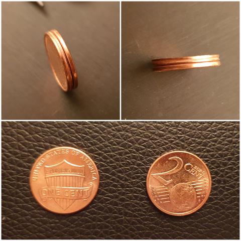 Comparison of the dimensions of a penny (1¢) and a European 2 cent coin. Own photo.
