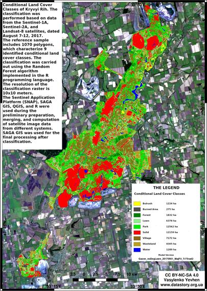 Map of Kryvyi Rih showing land cover classification (2017) produced with Sentinel-1A, Sentinel-2A, and Landsat-8 data using the Random Forest algorithm in R. Green areas indicate vegetation; red tones show industrial and built-up zones.