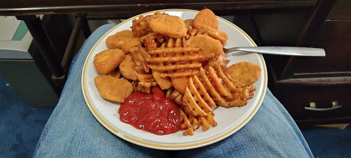 Chicken nuggets, waffle fries, and some ketchup, on a plate on my lap.
